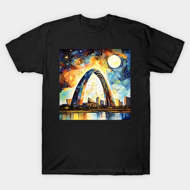 St. Louis Arch Under  Cubist Night Sky T-Shirt by BrightC
